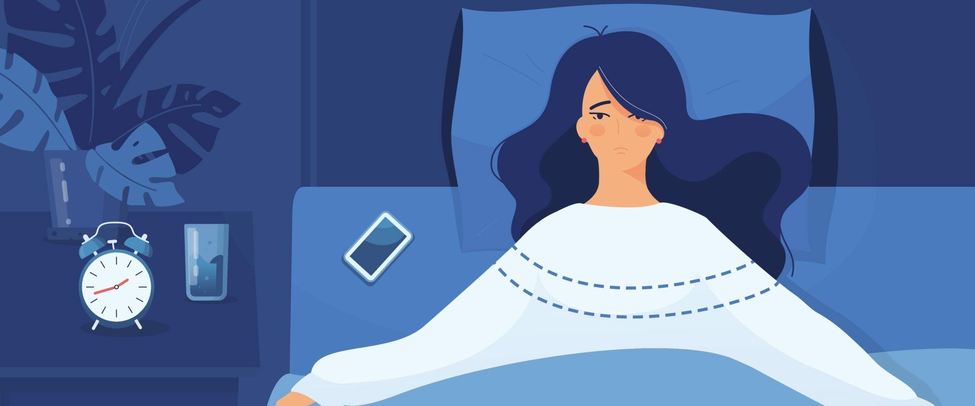 Jak leczyć bezsenność? Kto cierpi na problemy ze snem? Grafika przedstawia kobietę leżącą w łóżku, która nie może zasnąć.