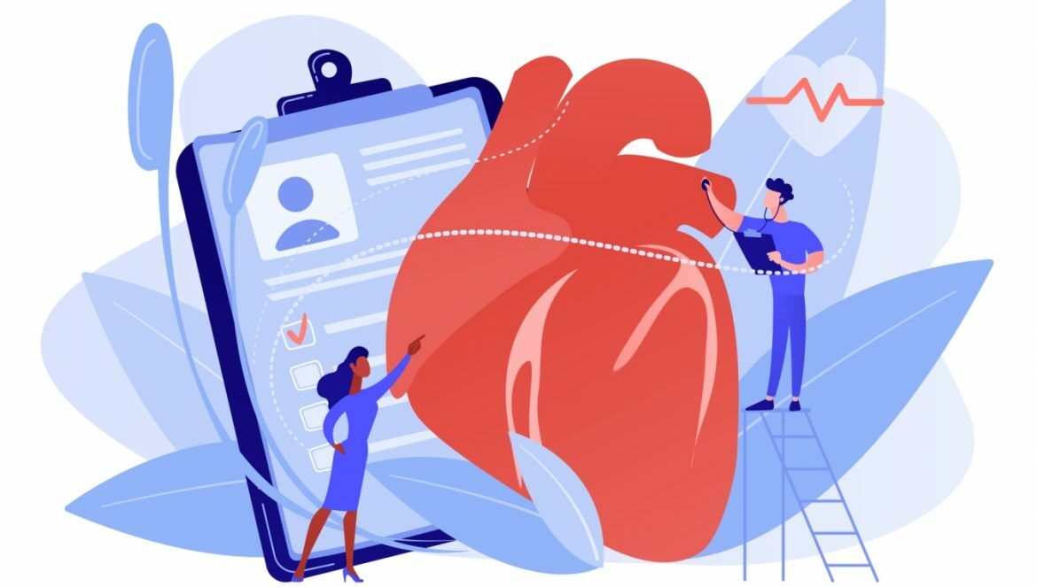 Choroby układu krążenia - jakie są najgroźniejsze powszechne choroby serca? Grafika przedstawiająca lekarza na drabinie osłuchującego wielkie czerwone ludzkie serce.