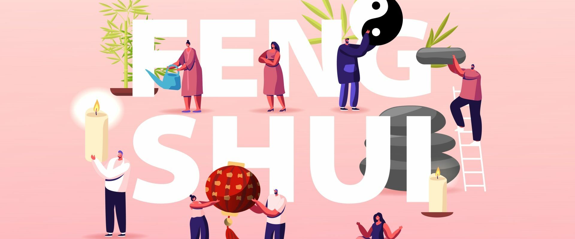 Jak urządzić dom według zasad feng shui? Ilustracja z napisem feng shui i różnymi postaciami i przedmiotami domowymi.