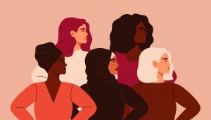 Historia miesiączki - dlaczego to temat tabu? 5 kobiet o różnym pochodzeniu etnicznym stoi razem i patrzy w bok - ilustracja.