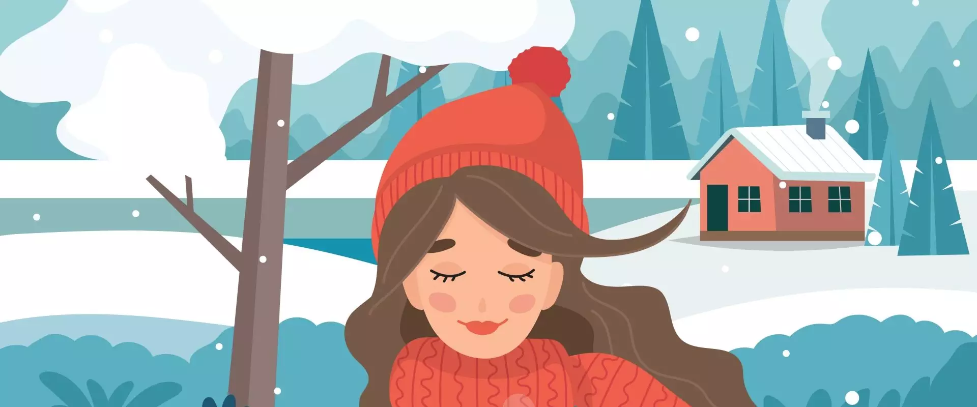 Dobre wei qi w zimie – jak wzmocnić odporność według medycyny chińskiej? Ilustracja przedstawiająca dziewczynę w czerwonej czapce i szaliku z kubkiem gorącej herbaty w ręku w otoczeniu zimowego krajobrazu.